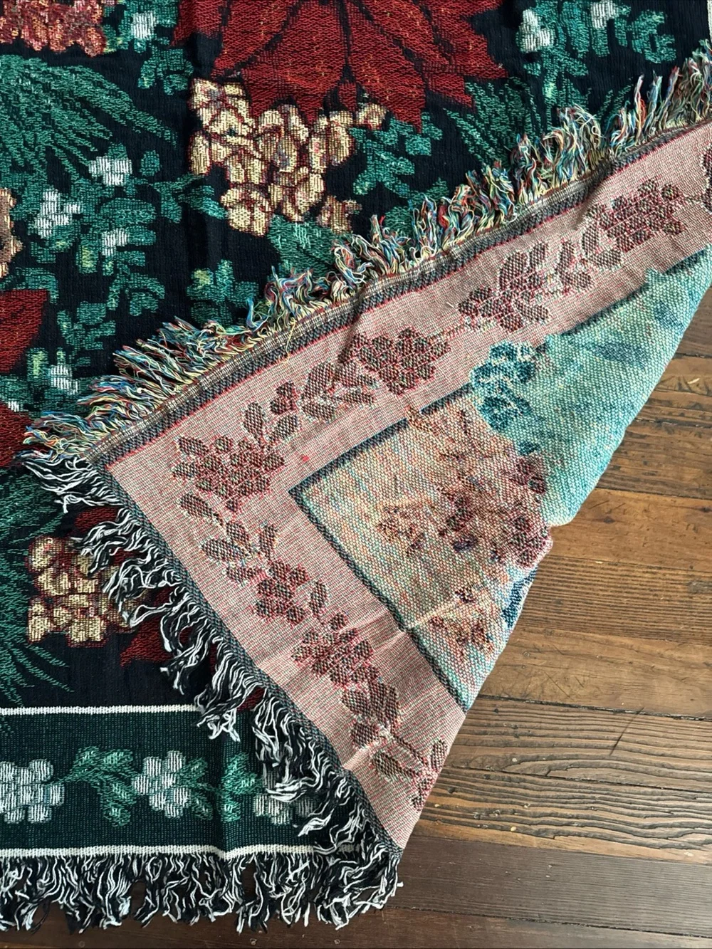VTG Woven Tapestry 60”x50” Throw Blanket Poinsettia Manual Woodworkers Weavers